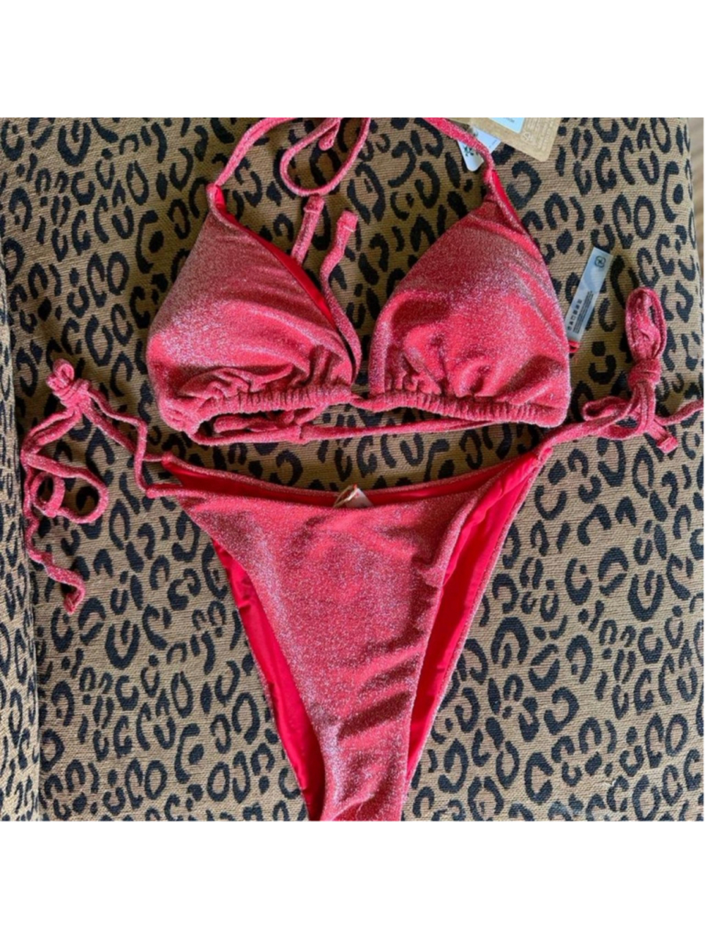 NWT Berlook Red Lurex Halter Triangle Bikini Top and Tie Bottoms - Picture 2 of 8